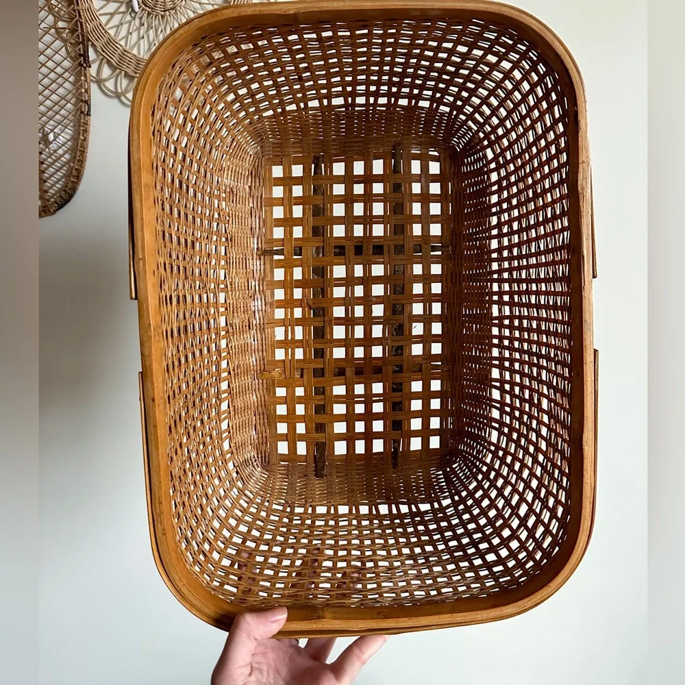 Large Bamboo Rattan Shopping Basket Vintage Bohemian Cottage Core Farmhouse